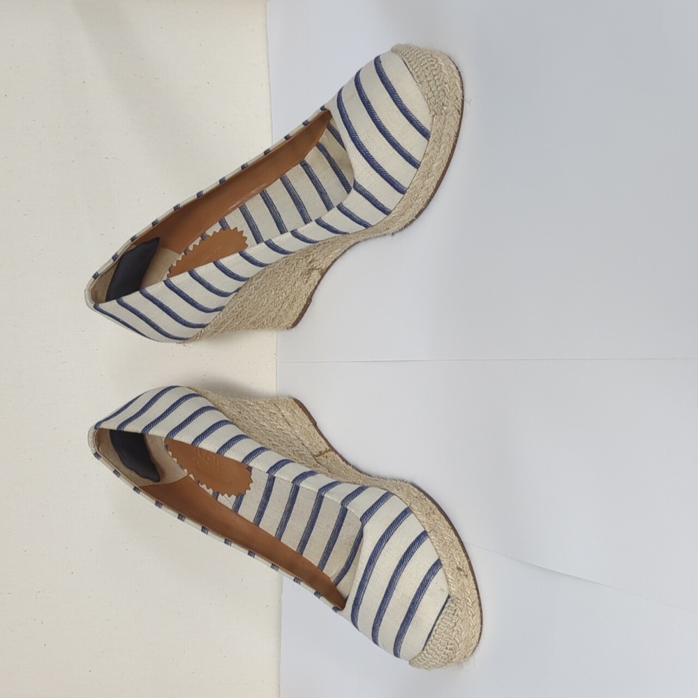 J. Crew sz 5.5 Canvas Espadrille Wedges Flax & Blue Stripe